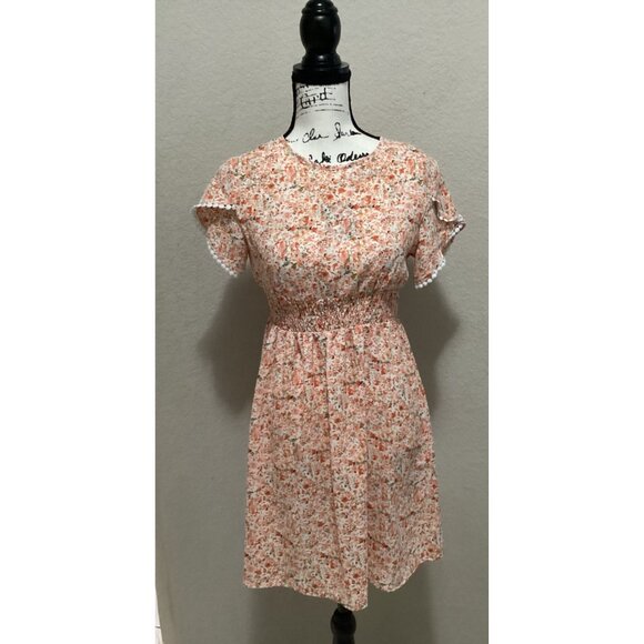SHEIN VCAY Ditsy Floral Print Guipure Lace Trim Petal Sleeve Shirred Dress Size - Picture 4 of 9